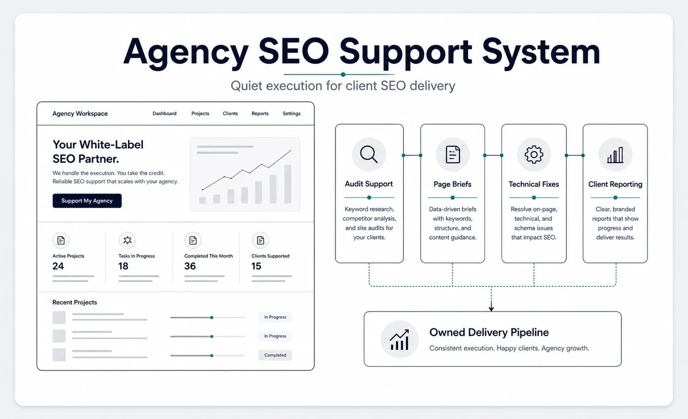 Groew Agency SEO Support service visual showing audit support, page briefs, technical fixes and client reporting connected to an owned delivery pipeline.