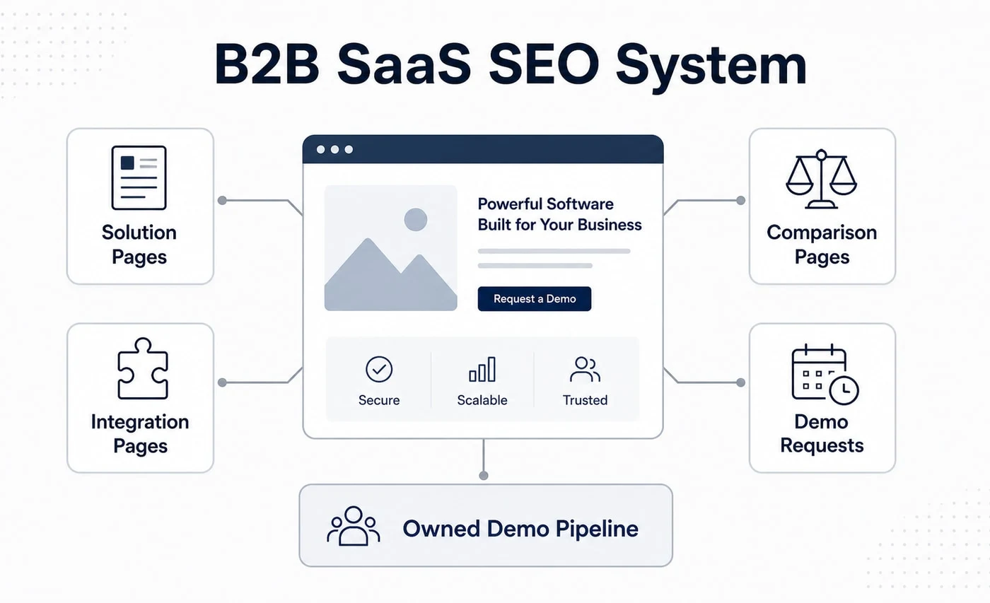 Groew B2B SaaS SEO service visual showing solution pages, comparison pages, integration pages and demo requests connected to an owned demo pipeline.