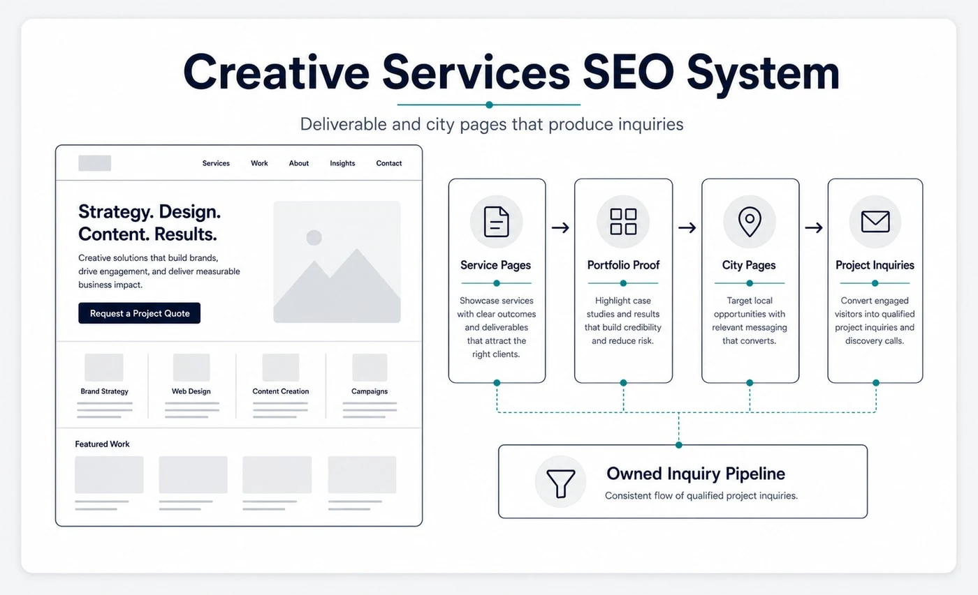 Groew Creative Services SEO service visual showing service pages, portfolio proof, city pages and project inquiries connected to an owned inquiry pipeline.