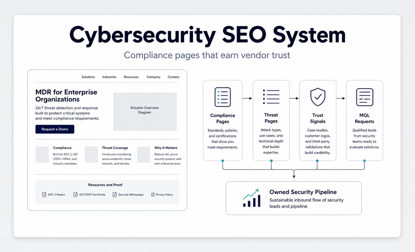 Groew Cybersecurity SEO service visual showing compliance pages, threat pages, trust signals and MQL requests connected to an owned security pipeline.
