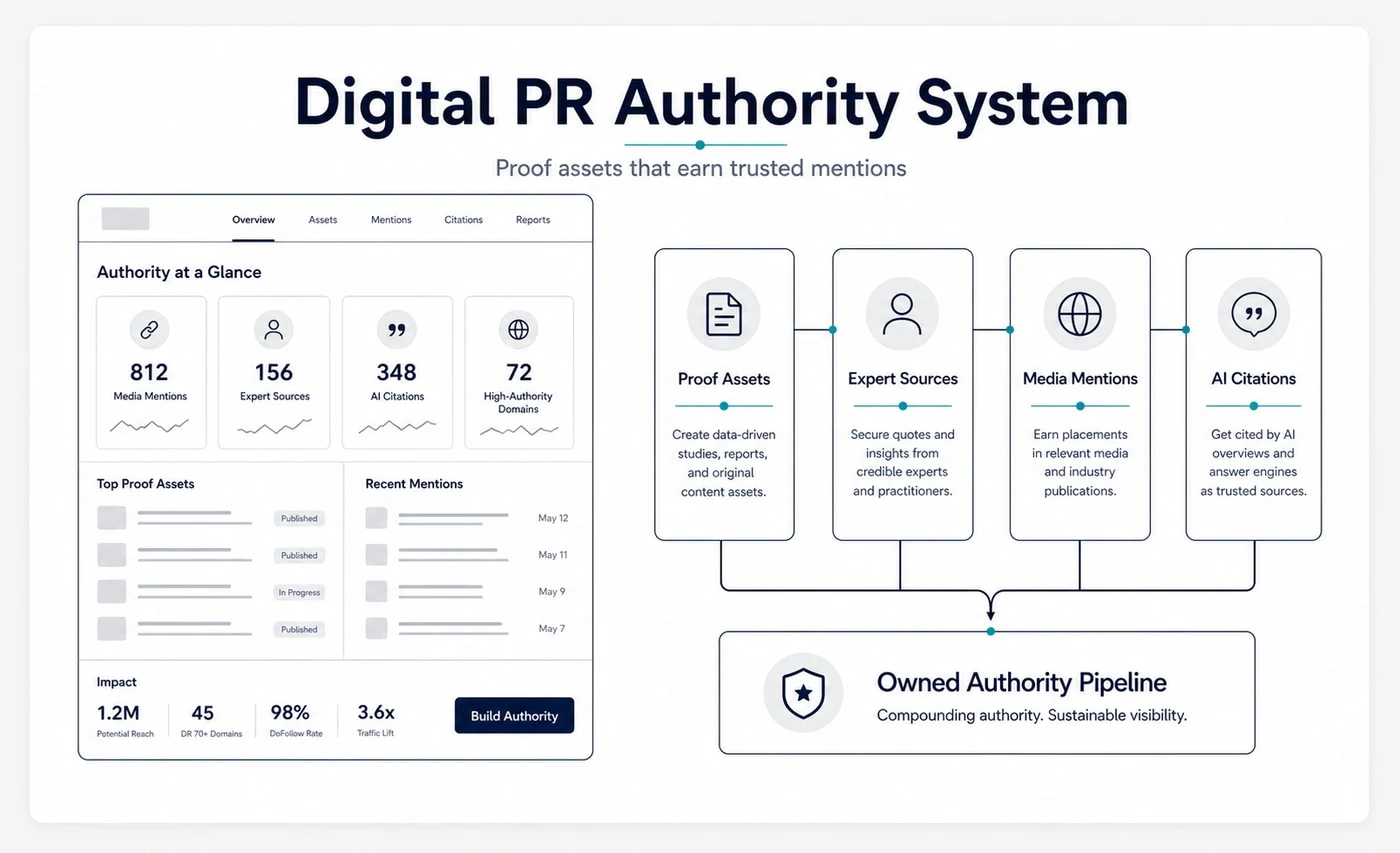 Groew Digital PR Authority service visual showing proof assets, expert sources, media mentions and AI citations connected to an owned authority pipeline.