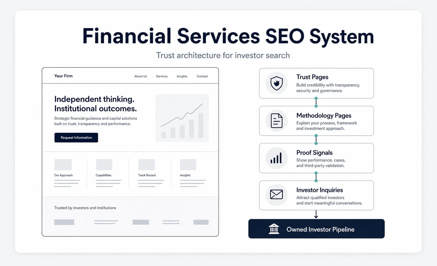 Groew Financial Services SEO service visual showing trust pages, methodology pages, proof signals and investor inquiries connected to an owned investor pipeline.