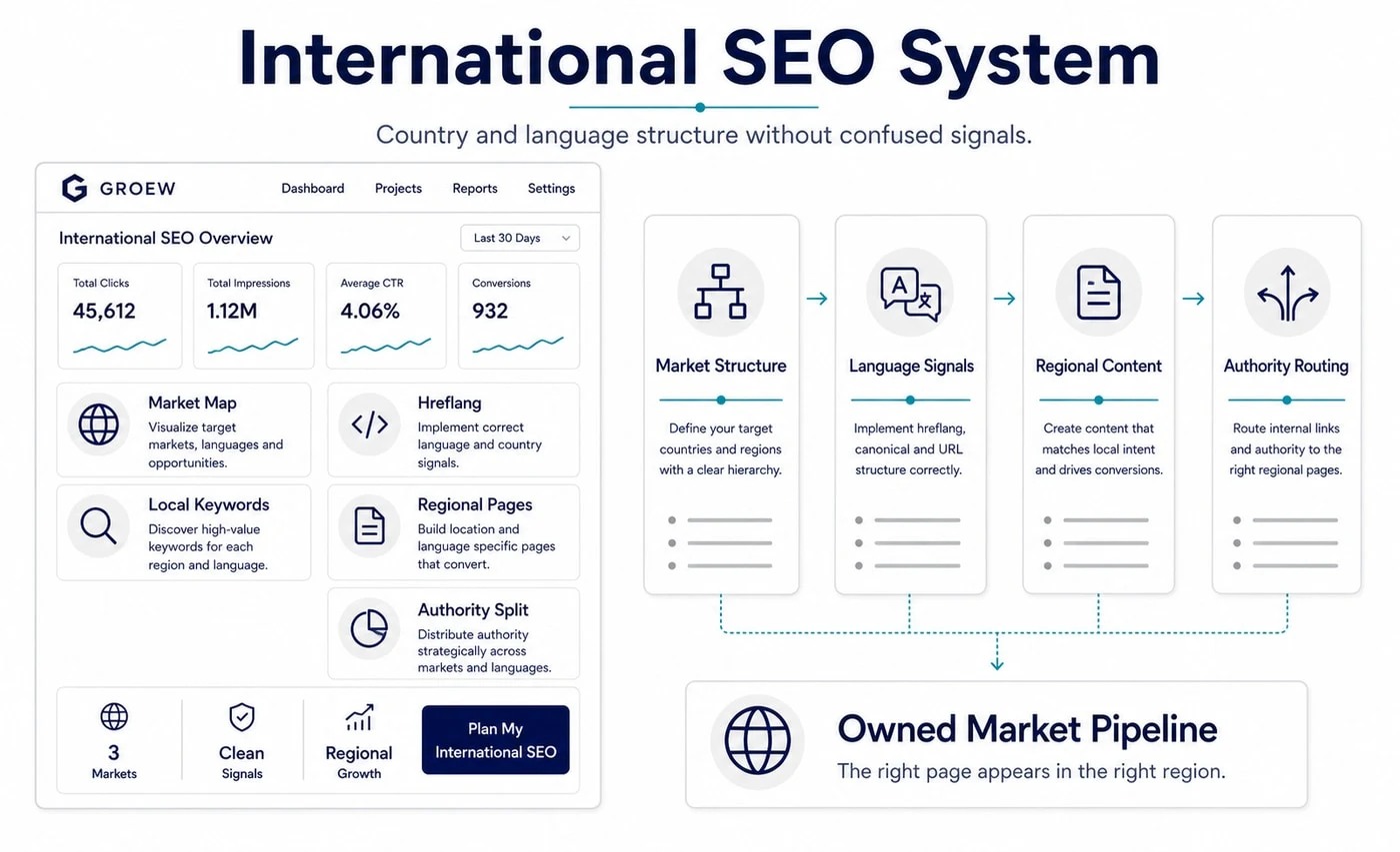 Groew International SEO service visual showing market structure, language signals, regional content and authority routing connected to an owned market pipeline.