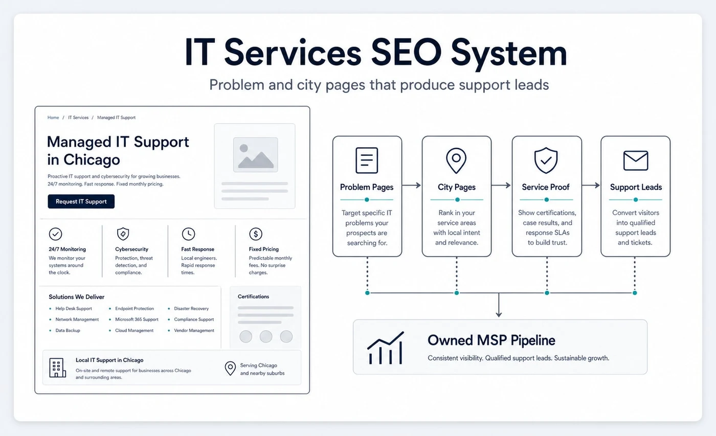 Groew IT Services SEO service visual showing problem pages, city pages, service proof and support leads connected to an owned MSP pipeline.