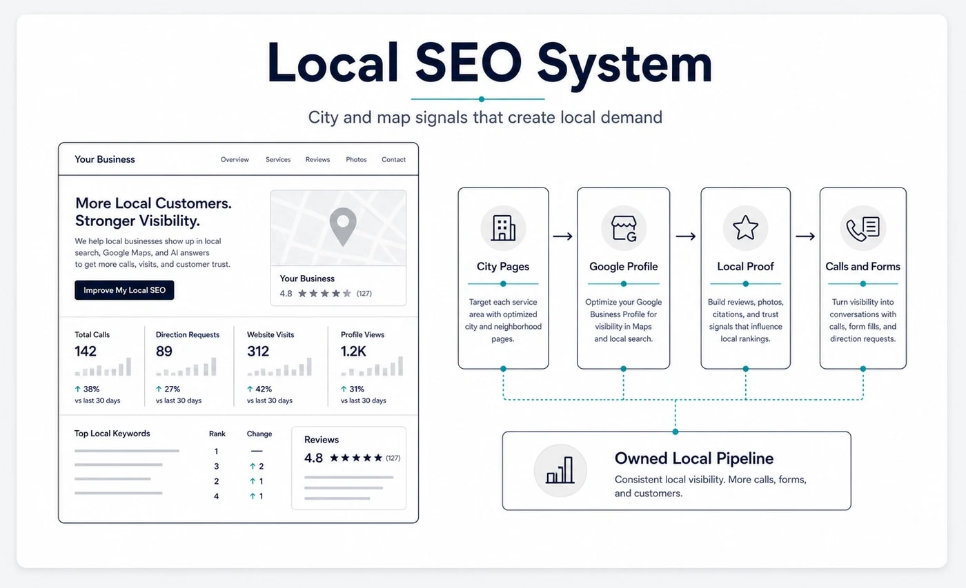 Groew Local SEO service visual showing city pages, Google profile signals, local proof and calls or forms connected to an owned local pipeline.