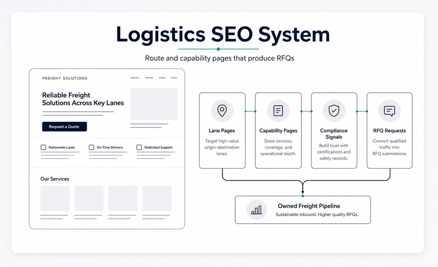 Groew Logistics SEO service visual showing lane pages, capability pages, compliance signals and RFQ requests connected to an owned freight pipeline.