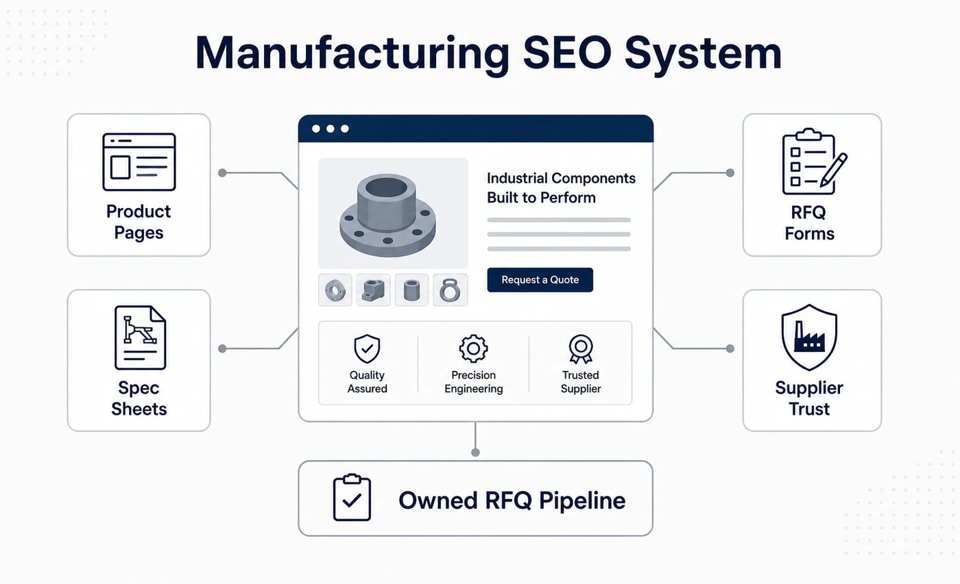 Groew Manufacturing SEO service visual showing product pages, spec sheets, RFQ forms and supplier trust connected to an owned RFQ pipeline.