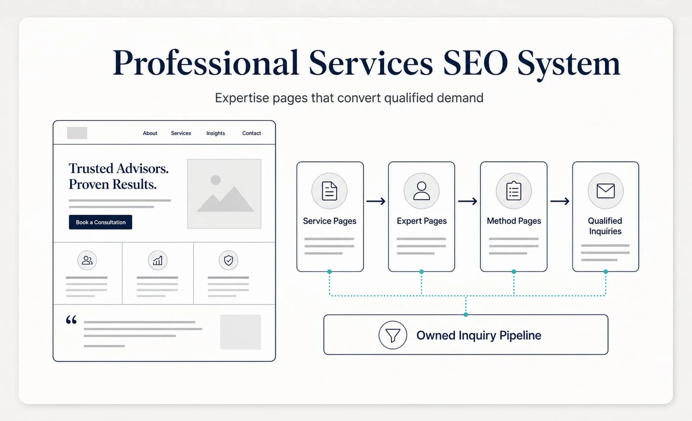 Groew Professional Services SEO service visual showing service pages, expert pages, method pages and qualified inquiries connected to an owned inquiry pipeline.