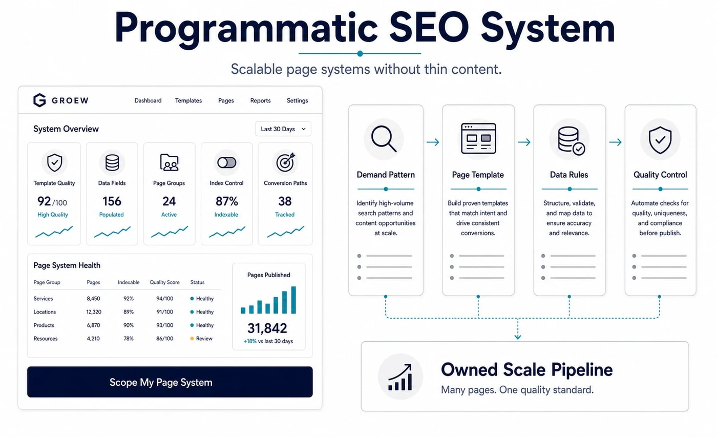 Groew Programmatic SEO service visual showing demand pattern, page template, data rules and quality control connected to an owned scale pipeline.