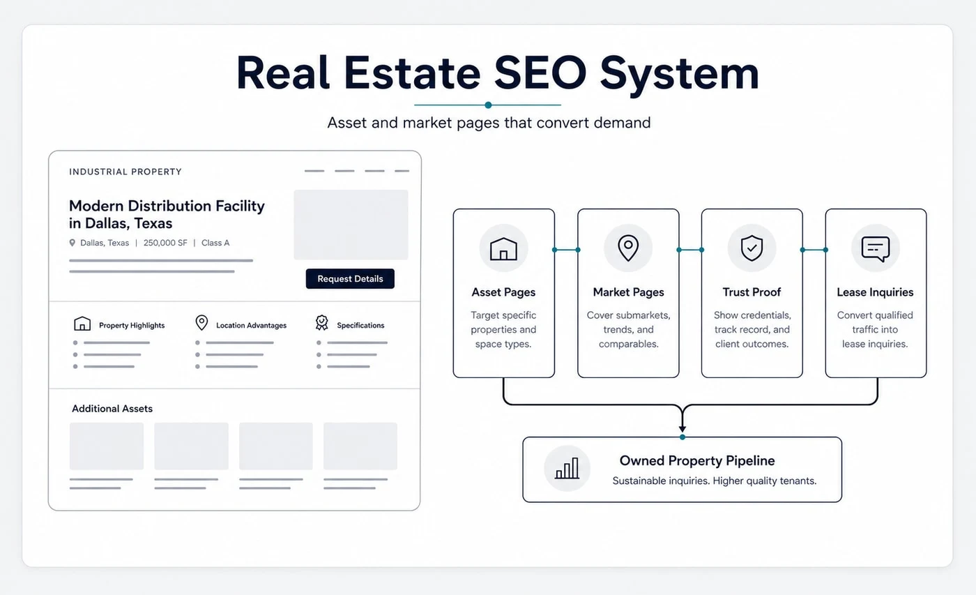 Groew Real Estate SEO service visual showing asset pages, market pages, trust proof and lease inquiries connected to an owned property pipeline.