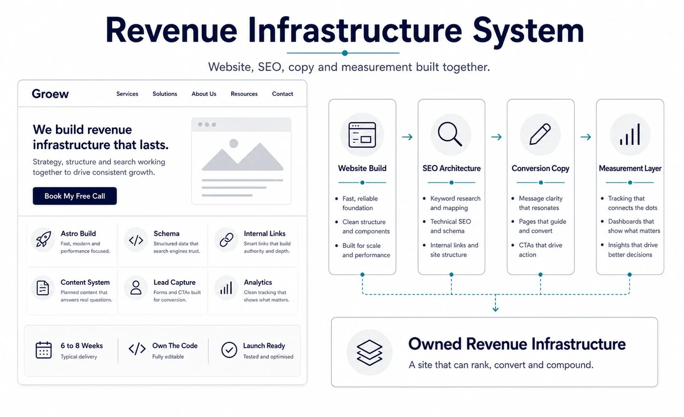 Groew Revenue Infrastructure service visual showing website build, SEO architecture, conversion copy and measurement layer connected to owned revenue infrastructure.