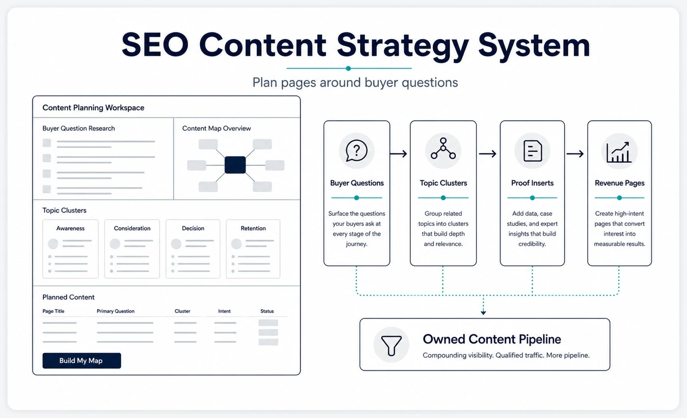 Groew SEO Content Strategy service visual showing buyer questions, topic clusters, proof inserts and revenue pages connected to an owned content pipeline.