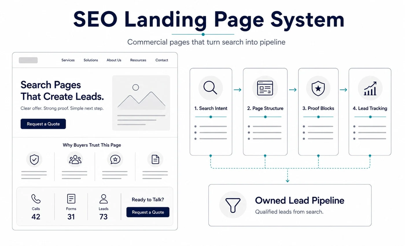 Groew SEO Landing Pages service visual showing search intent, page structure, proof blocks and lead tracking connected to an owned lead pipeline.