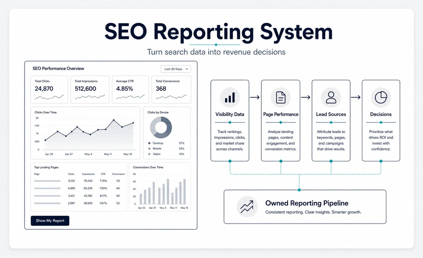 Groew SEO Reporting Analytics service visual showing visibility data, page performance, lead sources and decisions connected to an owned reporting pipeline.