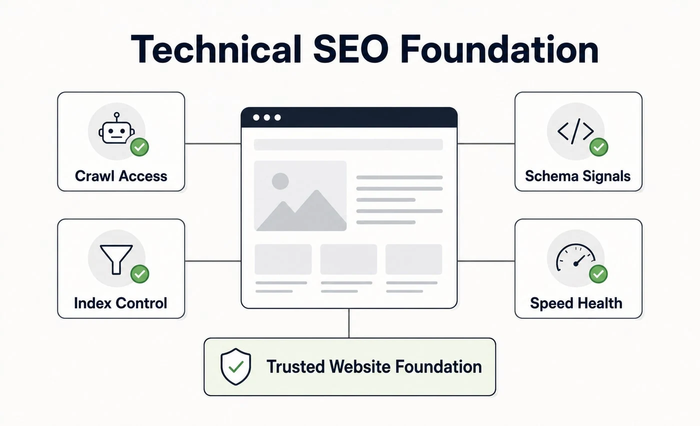Groew Technical SEO service visual showing crawl access, index control, schema signals and speed health connected to a trusted search foundation.