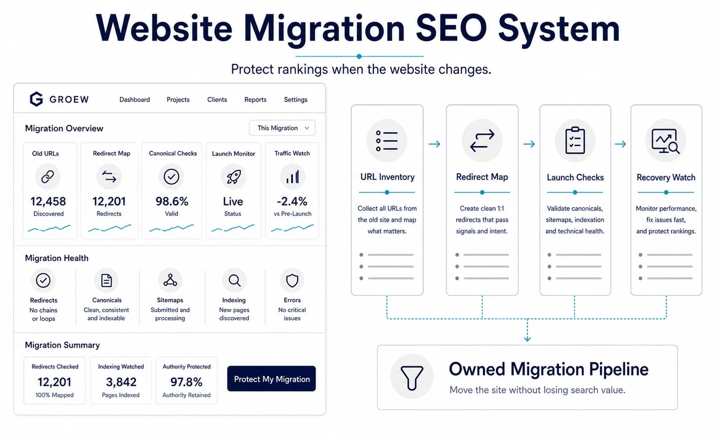 Groew Website Migration SEO service visual showing URL inventory, redirect map, launch checks and recovery watch connected to an owned migration pipeline.
