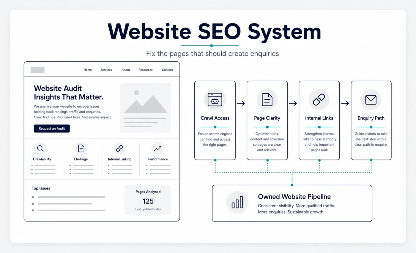 Groew Website SEO service visual showing crawl access, page clarity, internal links and enquiry path connected to an owned website pipeline.